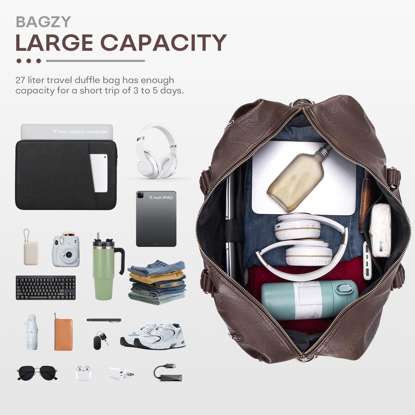 BAGZY PU Leather Travel Duffel Bag with Toiletry Dopp Kit Large Capacity Weekender Bag 25L Carry on Overnight Bag Sports Duffel Bag for Men or Women Black