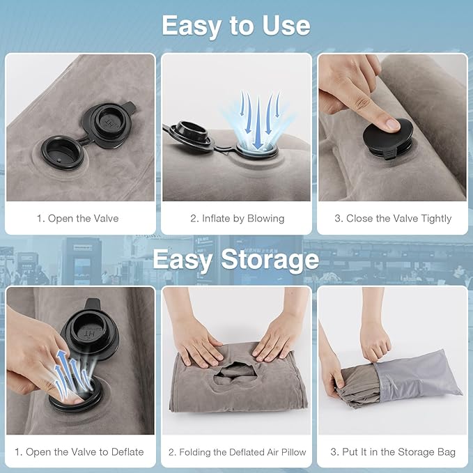 MoKo Inflatable Travel Pillow, Comfortable Neck Pillow with Storage Bag Support Shoulder and Neck to Avoid Pain for Airplane Train Office Car Travel Home, Gray