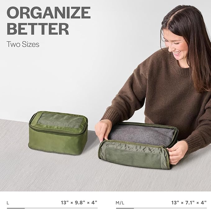 Compression Packing Cubes for Travel - Luggage Organizer Bags - Double Zipper Packing Cubes for Suitcases (2-Pack, Olive)