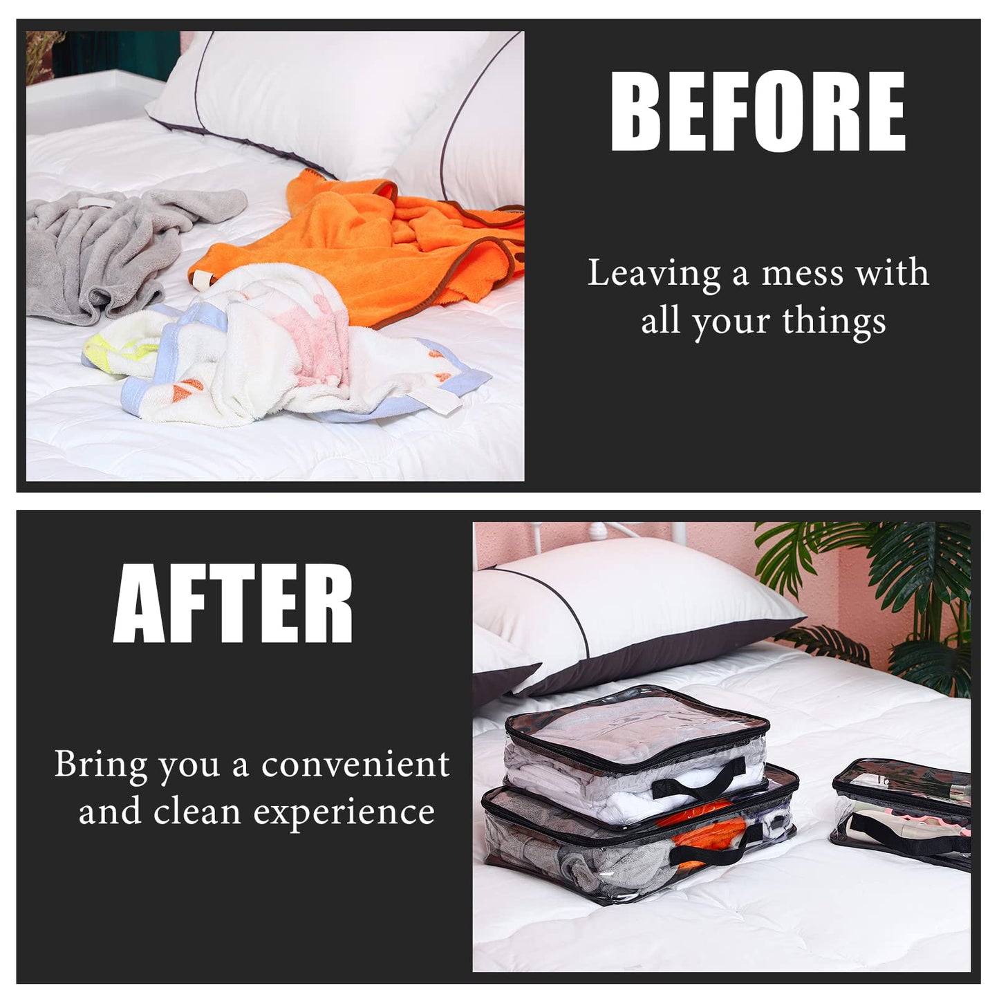 Hillban 6 Pcs Black Large Clear Travel Packing Cube 3 Sizes See Through PVC Organizer for Suitcase Multipurpose Pouch with Handle Vinyl Zippered Storage Bags Luggage Cube Organizer