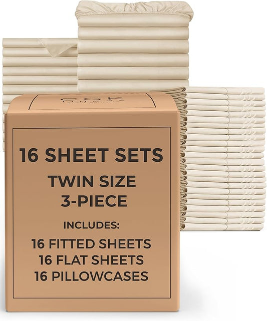 Bulk Case Pack of 16 Sheet Sets - (16) Complete Twin Size Sheet Sets with Deep Pockets - Wholesale Bulk Bedding for Hotels, Spas & Airbnbs - Breathable, Cooling, Soft & Wrinkle Free - (Twin, Wheat)
