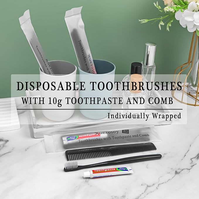 100 Pack Black Disposable Toothbrushes with Toothpaste and Comb Set,10g Toothpaste,7inch Hair Comb,Individually Wrapped Disposable Travel Toothbrushes Kit in Bulk for Homeless,Airbnb,Hotel,Shelter