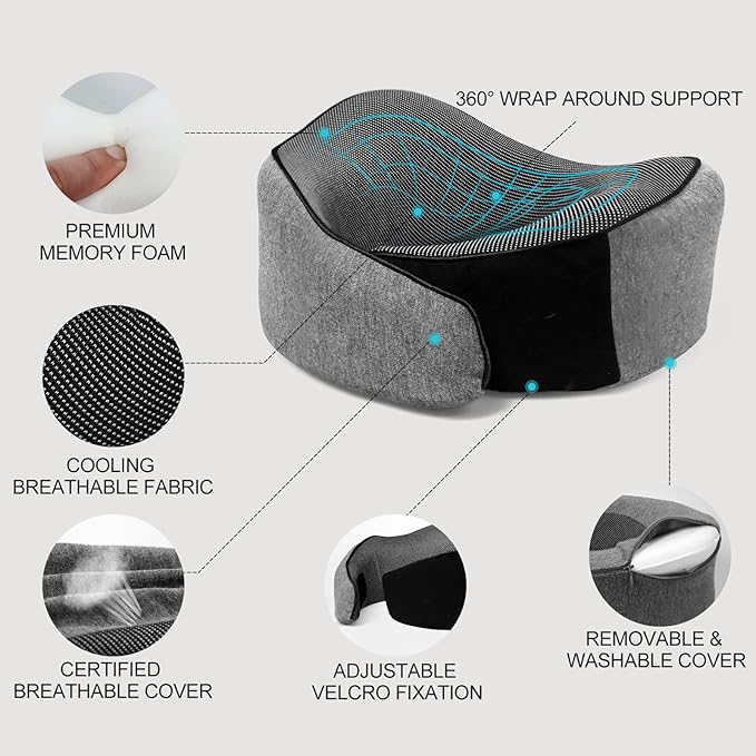 Travel Pillows for Airplanes, 100% Pure Memory Foam Neck Pillow for Airplanes, Comfortable Breathable Cover, 360° Support Pillows for Sleeping, Car, Airport Travel Essentials (Gray)