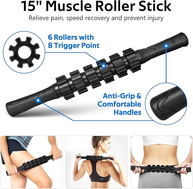7 in1 Foam Roller Set for Deep Tissue Muscle Massager - High Density Back Roller, Muscle Roller Stick, Resistance Bands, Foot Massage Ball, Stretching Strap for Exercise, Whole Body Physical Therapy