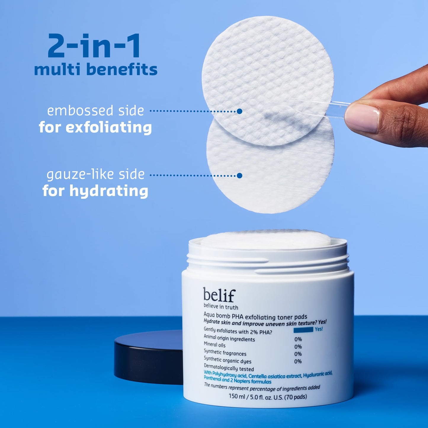 belif PHA 2% Toner Pads – Gentle Exfoliating Facial Polish for Pore Care, Hydrating & Soothing with Panthenol & Cica, Double-Sided Texture, Ideal for Sensitive Skin, Korean Skincare (70 Pads)