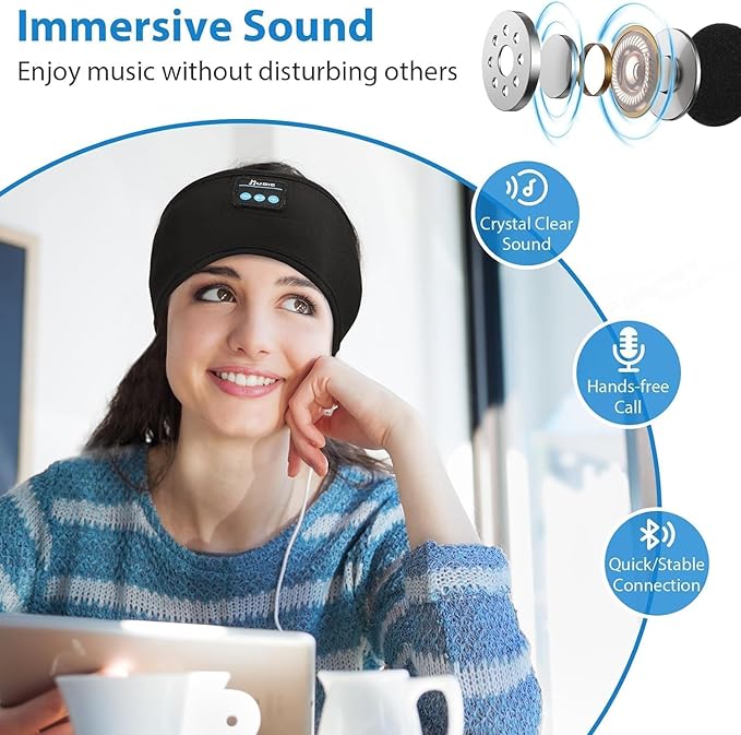 2PCS Adjustable Bluetooth Headband Headphones, Sleeping Headphones with Thin Speakers Mic for Men/Women, Yoga, Running, Workout, Travel, Meditation (Grey&Black)