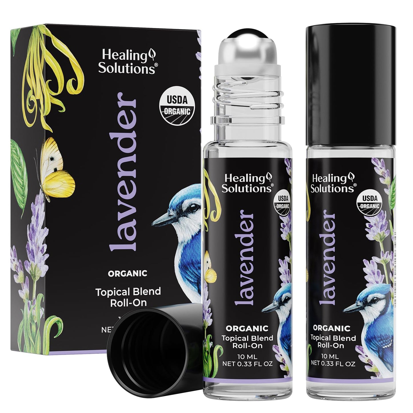 Healing Solutions Lavender Essential Oil Roll-On (2-Pack) - USDA Organic Calming Essential Oil Roller for Sleep & Skin