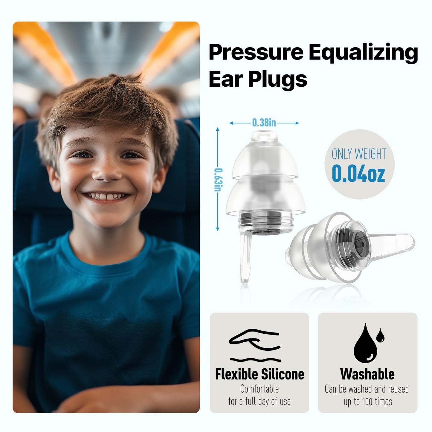 Ear Plugs for Airplane Pressure Relief & Preventing Ear Pain - Flying Travel Essentials - Comfortable Reusable Plane Earplugs for Adult/Kids 12+ Charcoal Black