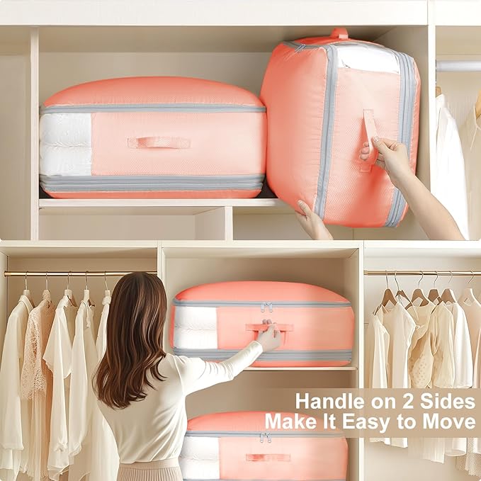 Comforter Storage Bag - Large Capacity Blanket Storage Bags 3-Layer Ultra Space Saving Self Compression Organizer, Washable Compression Bags for Storage Comforter Blanket, 6-Pack, Pink