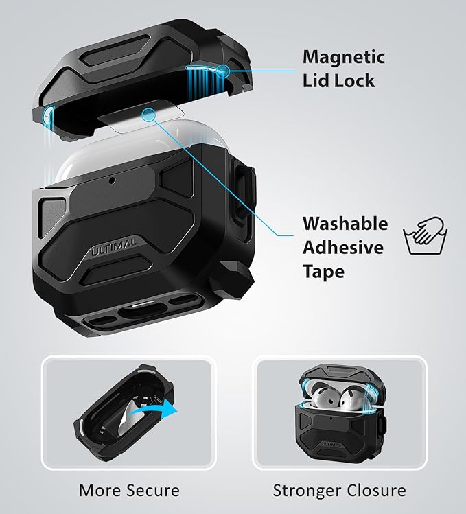 Compatible with AirPods 4 Case, Rugged TPU Double-Layer Cover, Powerful Shockproof Full Protection with Lanyard, Reinforced Magnetic Lid Lock for AirPods 4th Generation case(Black+Black)