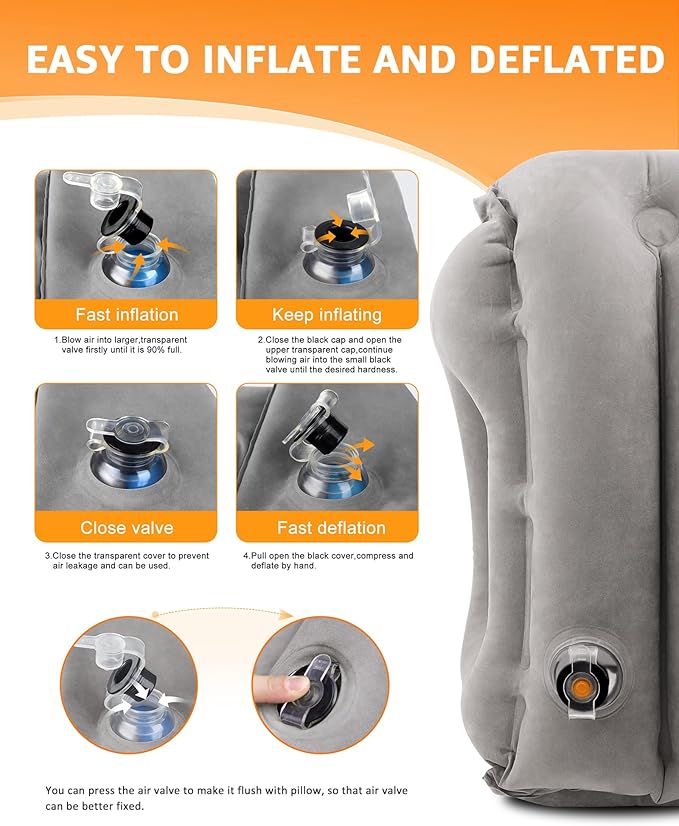 Sunany Travel Pillow, Inflatable Neck Pillow Used for Airplanes/Cars/Buses/Trains/Office Napping with Eye Mask/Earplugs (Gray)