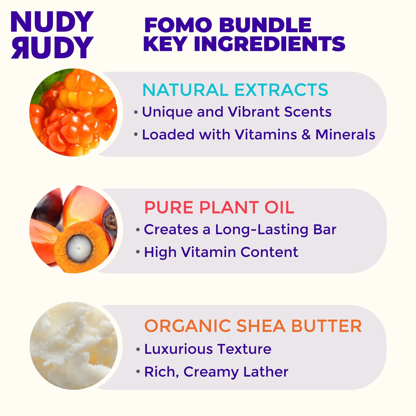 Nudy Rudy FOMO Bundle Bar Soap Pucks, Includes Hunny Bunny, Wasabi Pear, Berrylicious, Made with Organic Shea Butter, Pure Plant Oils, Triple Milled Bars, All Skin Types, 4.2 oz Each - Pack of 3