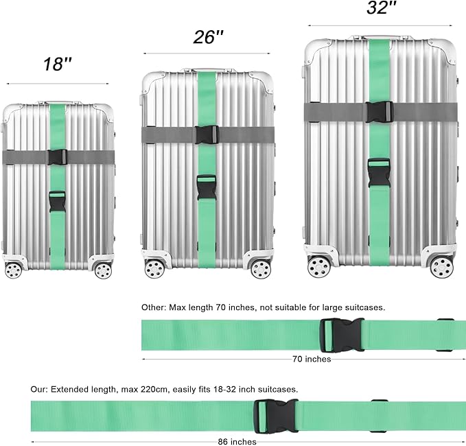 4 Pack Luggage Straps for suitcases-4 pcs Extra Long Suitcase Straps TSA Approved Luggage Belt with Buckle, Adjustable Travel Belt for Luggage for 20'' - 32'' Suitcases (Mint Green and Grey)
