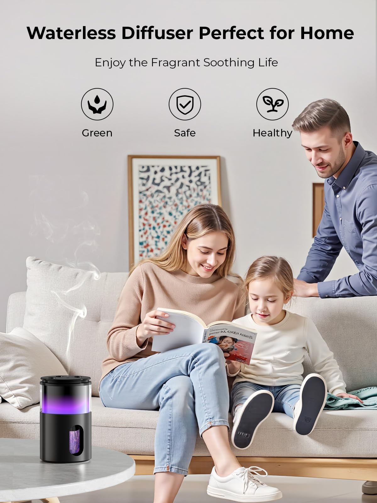 Pmsusoow Waterless Essential Oil Diffuser: Battery Mini Scent Diffusers for Home&Car with 8 Color LED Night Light — Cool Mist Aroma Machine Deep Black