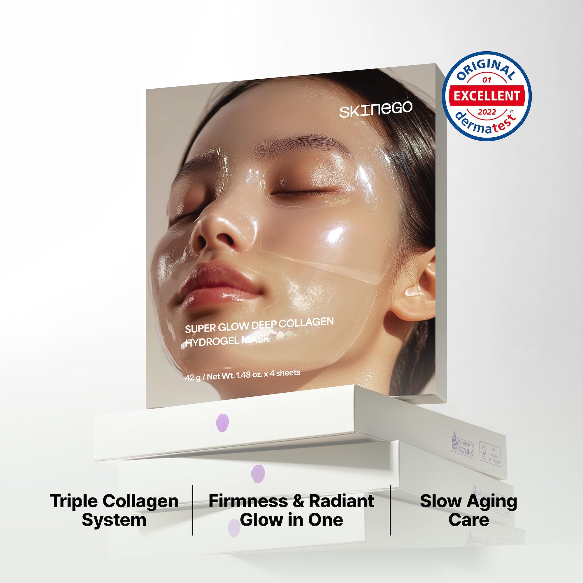 SKINEGO Super Glow Deep Collagen Hydrogel Mask 1.48 oz × 4 Sheets, 5,000,000ppb Hydrolyzed Collagen, Elasticity, Wrinkle Care & Radiance, Overnight K-Beauty Mask (4 Count (Pack of 1))