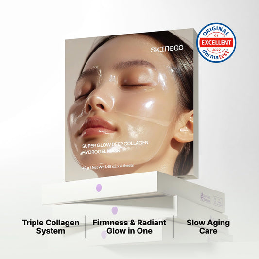 SKINEGO Super Glow Deep Collagen Hydrogel Mask 1.48 oz × 4 Sheets, 5,000,000ppb Hydrolyzed Collagen, Elasticity, Wrinkle Care & Radiance, Overnight K-Beauty Mask (4 Count (Pack of 1))