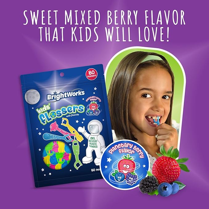 BrightWorks Kids Fun Space Flossers, Mixed Berry Flavor Fluoride [240 Floss Picks Total] Colorful Space Shapes: Astronaut, Rocketship, UFO, Earth. 100% Recycled Plastic Material. 80 Count (Pack of 3)