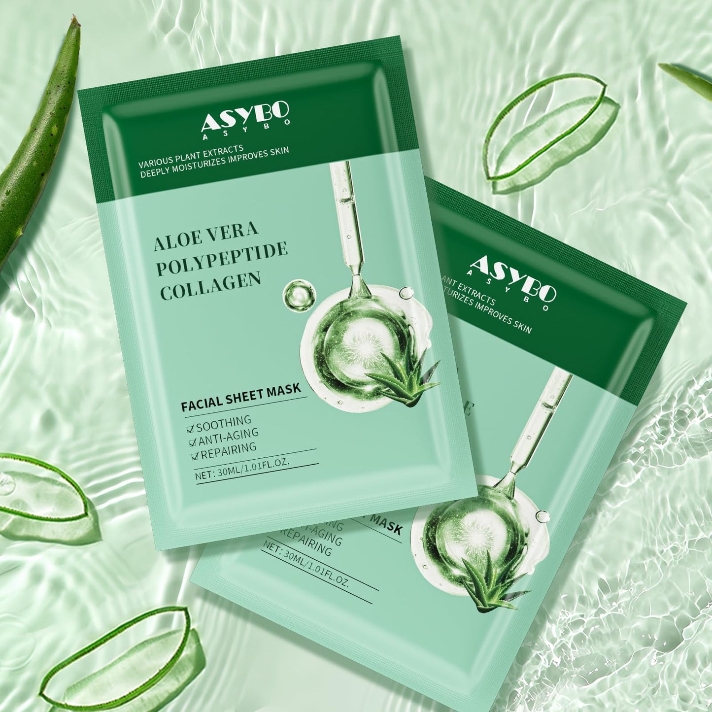 ASYBO Pack of 20 Collagen Face Mask, Aloe Vera Polypeptide Collagen Facial Masks Skincare, Moisturizing Facial Sheet Mask for Acne, After Sun, Claming, Anti-Aging and Anti-Wrinkle