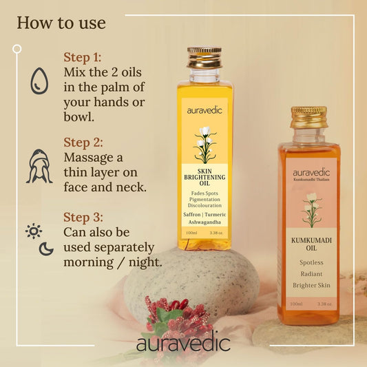 Auravedic Kumkumadi Oil & Skin Oil Combo | Saffron, Turmeric and Winter Cherry Infused Face Moisturizer | Hydrating & Moisturizing | for All Skin Types | 3.38Fl Oz (100ml)