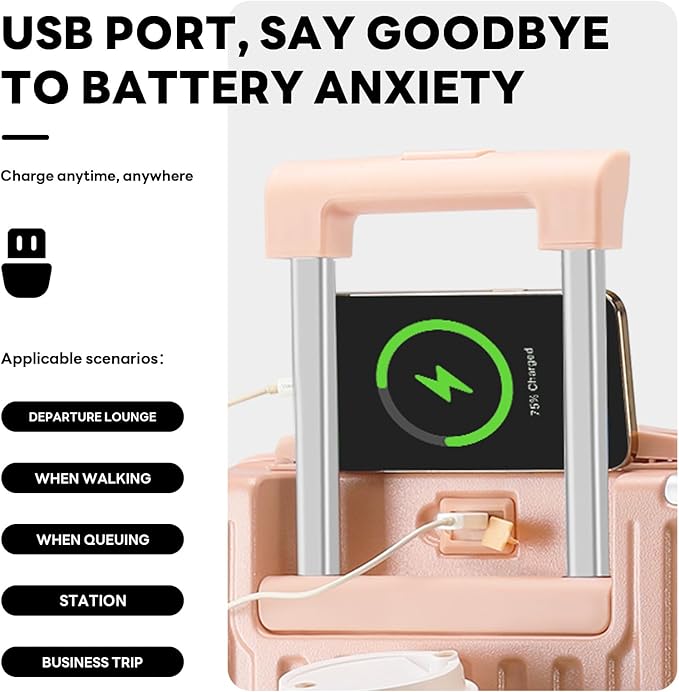 20 Inch Carry On Luggage With Cup Holder & USB Port, Airline Approved TSA-locked Luggage, Lightweight PC Material Travel Suitcase With 360° Spinner Wheel (14-20-24in Pink, 14-20-24in)