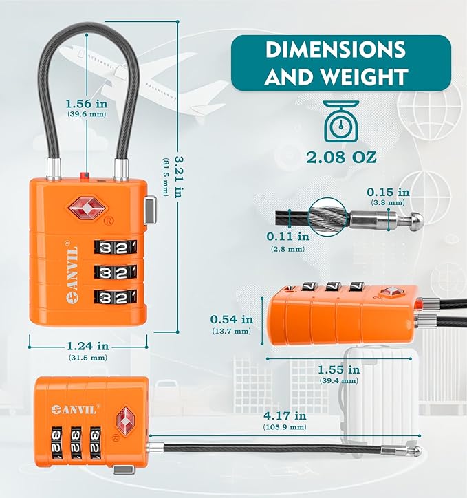 ANVIL TSA Approved Luggage Locks – High Security TSA008 Combination Travel Locks with Inspection Indicator for Suitcases and Backpacks. (4, Orange)