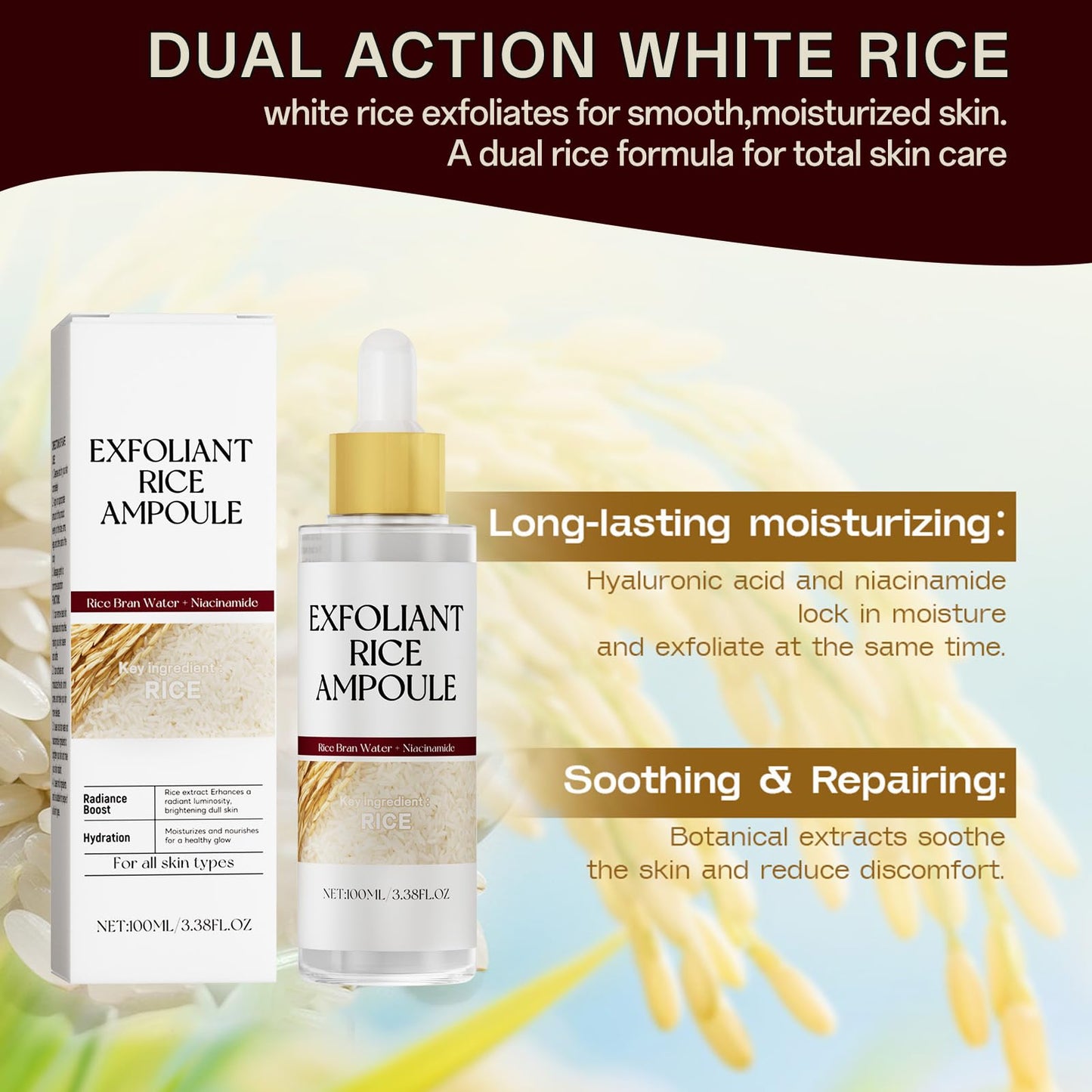 2-Pack Black & White Rice Exfoliating Ampoule, Gentle Rice Peel Facial & Body Treatment, Korean Skincare for All Skin Types with Dual Rice Enzymes