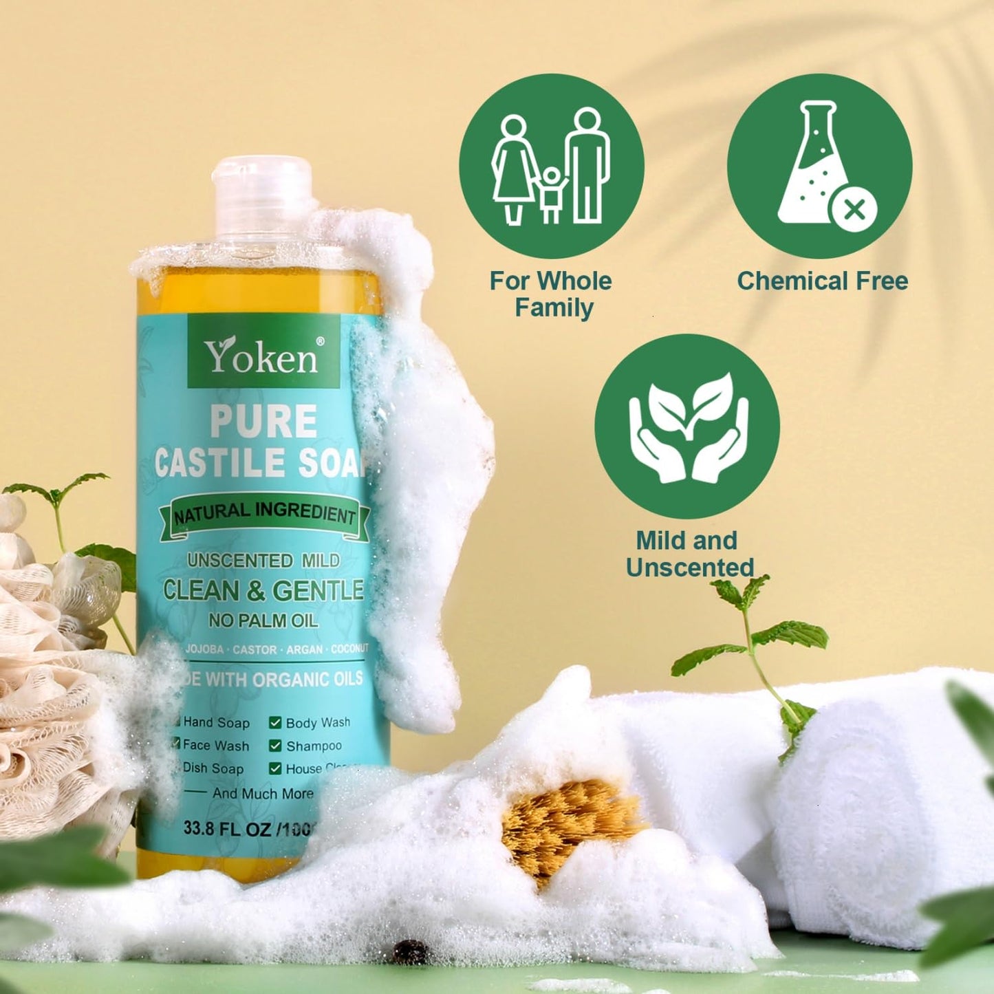 Yoken EWG Verified Castile Soap Liquid Unscented 33.8 fl oz Pure Castile Liquid Cleanser Made With Organic Oil, Clean & Gentle, Natural Castor Oil Soap for Body Wash, Hand, Dishes, Laundry
