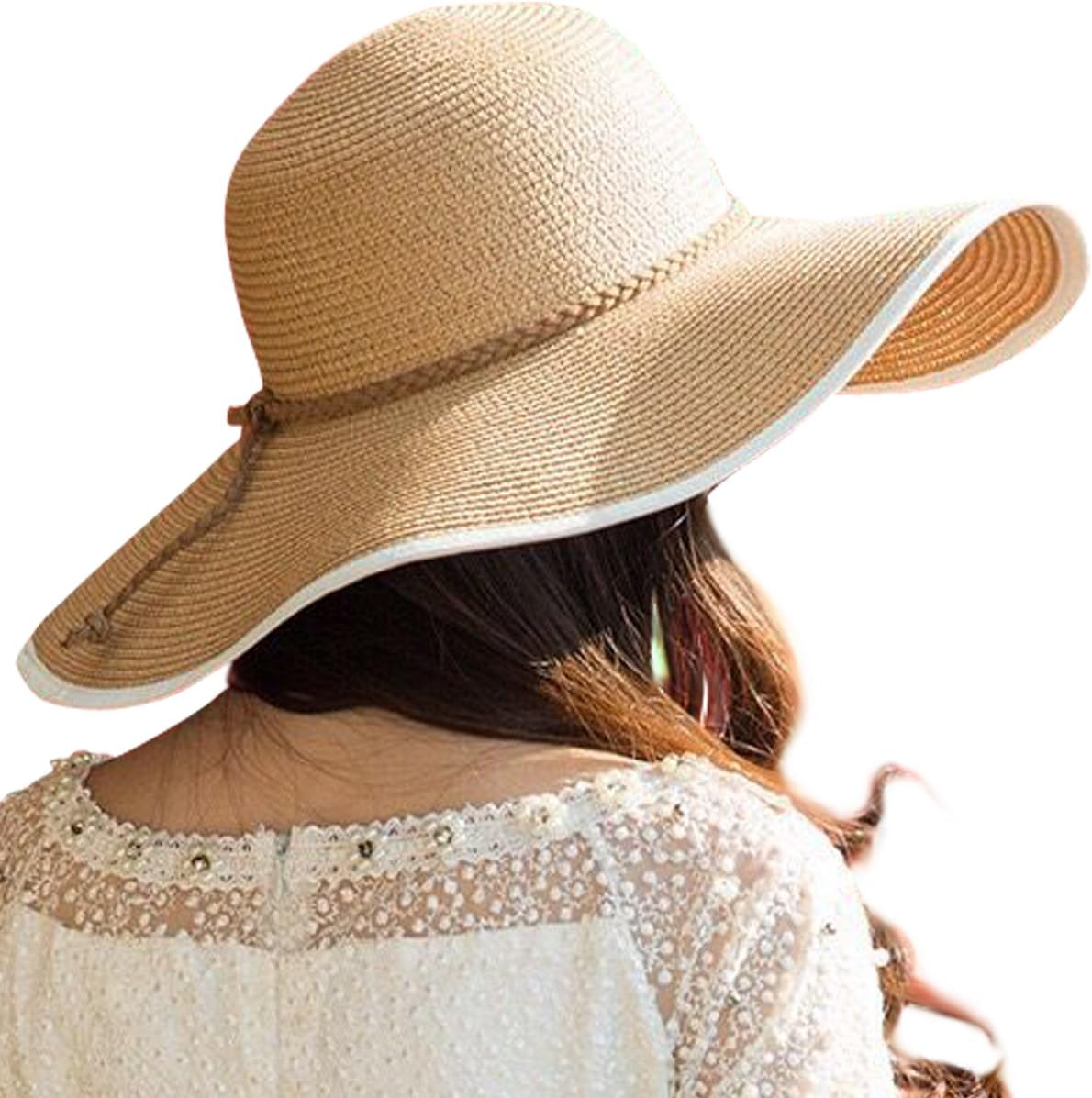 Lanzom Womens Wide Brim Straw Hat Big Floppy Foldable Roll up Cap Beach Sun Hat UPF 50+(Twine-Khaki)