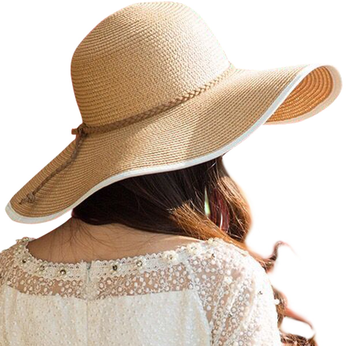 Lanzom Womens Wide Brim Straw Hat Big Floppy Foldable Roll up Cap Beach Sun Hat UPF 50+(Twine-Khaki)