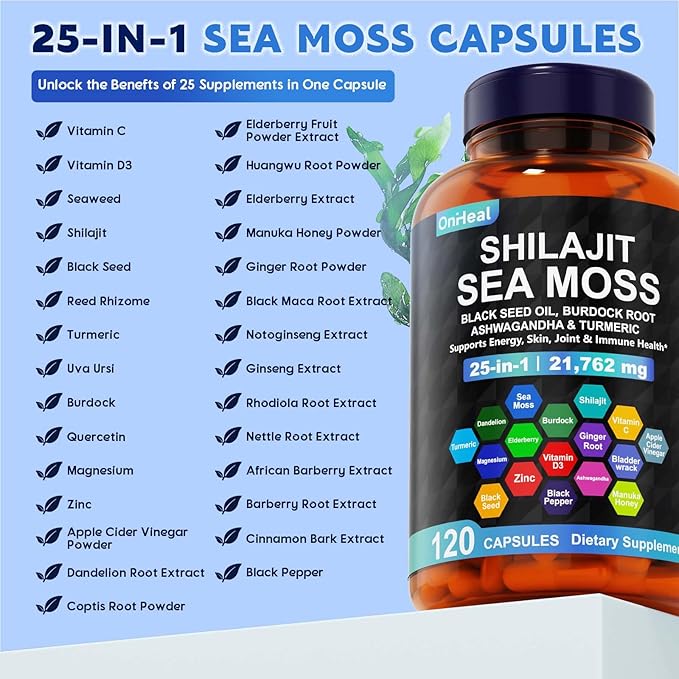 25-in-1 Sea Moss Black Seed Oil Ashwagandha Ginger Shilajit Supplement, with Burdock Root, Rhodiola Rosea, Vitamins C & D3, Shilajit Capsules for Men & Women - Boosts Energy, Skin, Joints & Immunity