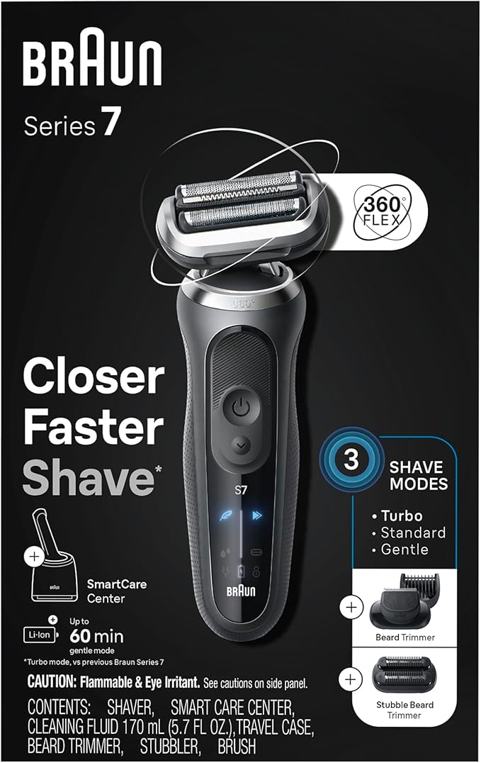 Braun Electric Shaver for Men, Series 7 7185cc, Waterproof, Wet & Dry Shave, Shaving Kit with SmartCare Center and Beard Trimmer, 3 Shave Modes, 60 Minute Battery Runtime, 10 Piece Set