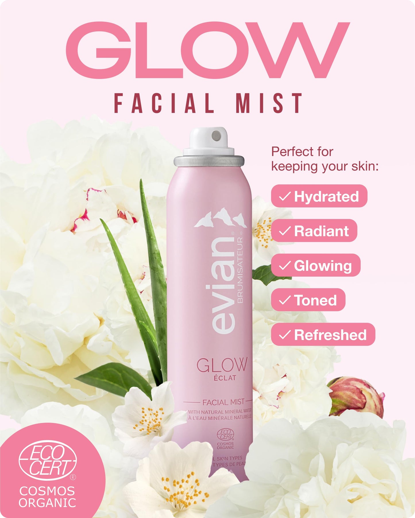BRUMISATEUR Evian Glow Facial Mist | Hydrating Mineral Water Face Spray with Aloe & White Tea | Dewy Setting Mist & Toner for Glowing Skin | Facial Spray to Refresh, Balance, & Enhance Makeup