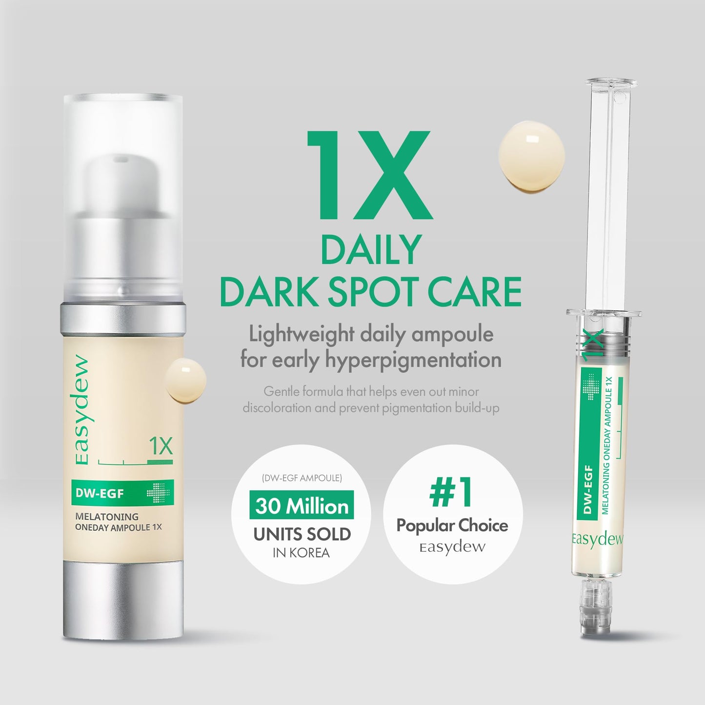 Easydew DW-EGF Melatoning Ampoule 1X - Hydrating Dark Spot Serum with Niacinamide & Glutathione for Uneven Skin - Fast Absorbing Day & Night Ampoule Korean Skin Care (Bottle 1.01 fl oz, EGF 1X)