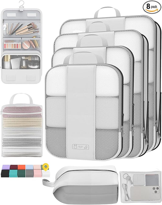 8 Set Compression Packing Cubes for Travel Essentials,Compressible Expandable Packing Cubes for Suitcase,OlarHike Luggage Organizer Bags for Travel,Handy Helper for Organizing Clothes(White)