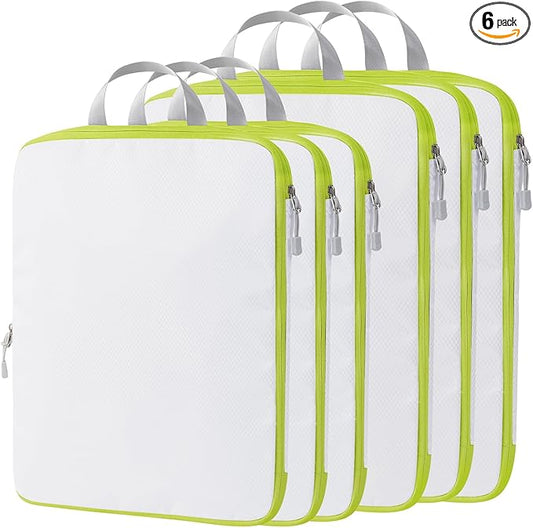 Compression Packing Cubes, 6 Set Packing Cubes for Travel Compression, Lightweight Compressible Package Organizer for Carry On and Suitcases, White and Green