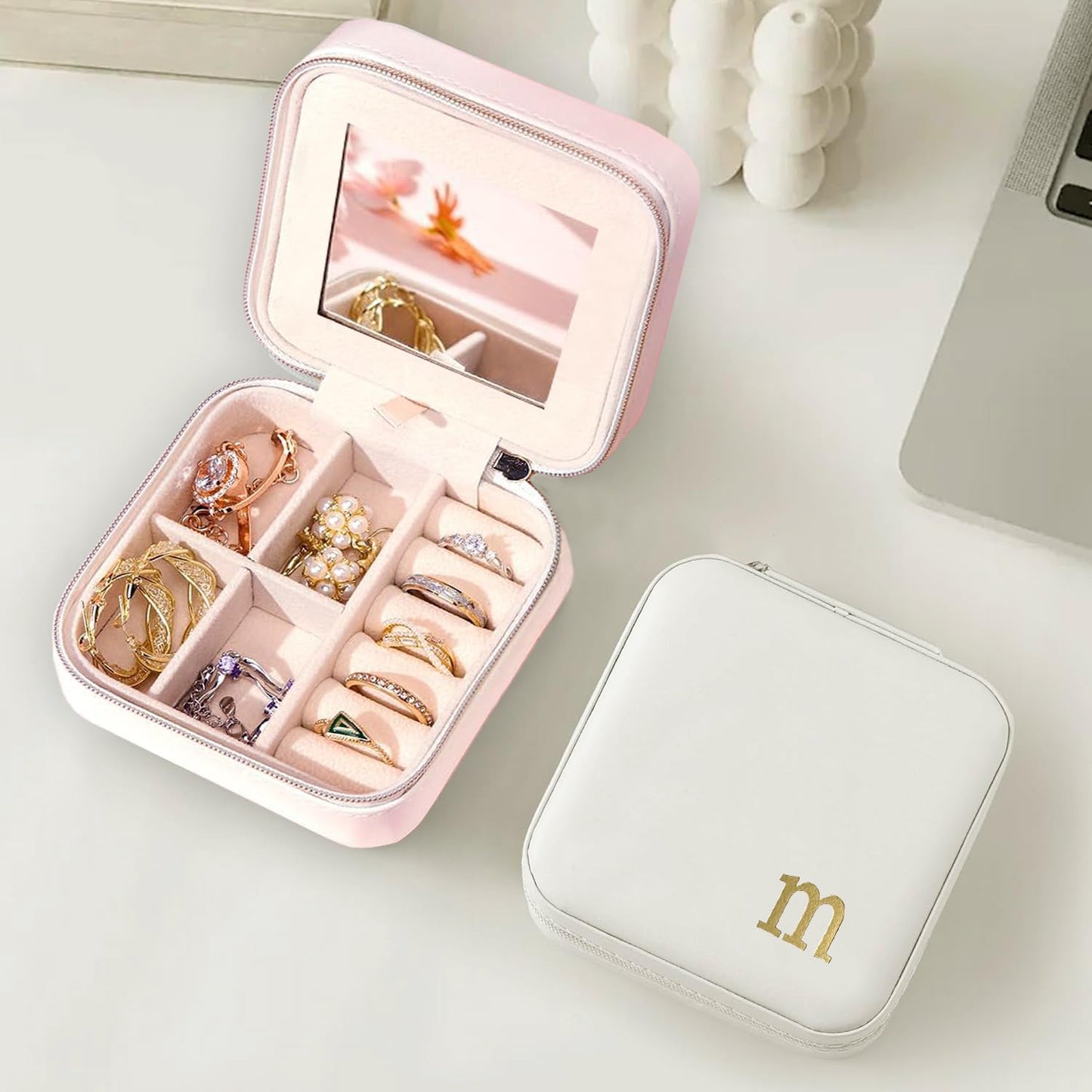 COLLECTIVE HOME - Travel Jewelry Case, Elegant Square Design with Gold Engraved Monogram, Built-in Mirror, Personalized Accessory Organizer for Rings, Necklaces, Gift for Women and Teens (m)