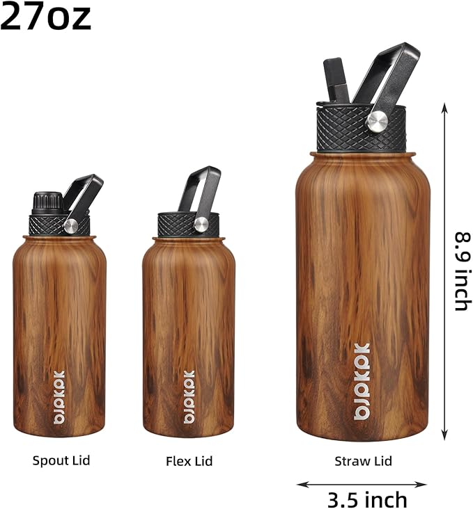 BJPKPK Insulated Water Bottles with Straw Lid, 27oz Stainless Steel Water Bottle with 3 Lids, Leak Proof BPA Free Metal Thermo, Mugs, Tumblers, Keep Cold Hot - Teakwood