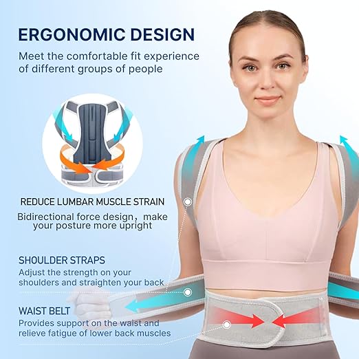 Adjustable Posture Corrector & Back Brace for Women and Men – Full Back and Shoulder Support with Breathable Mesh – Spine Alignment & Neck Pain Relief – Invisible Under Clothes (Gray, X-Large)