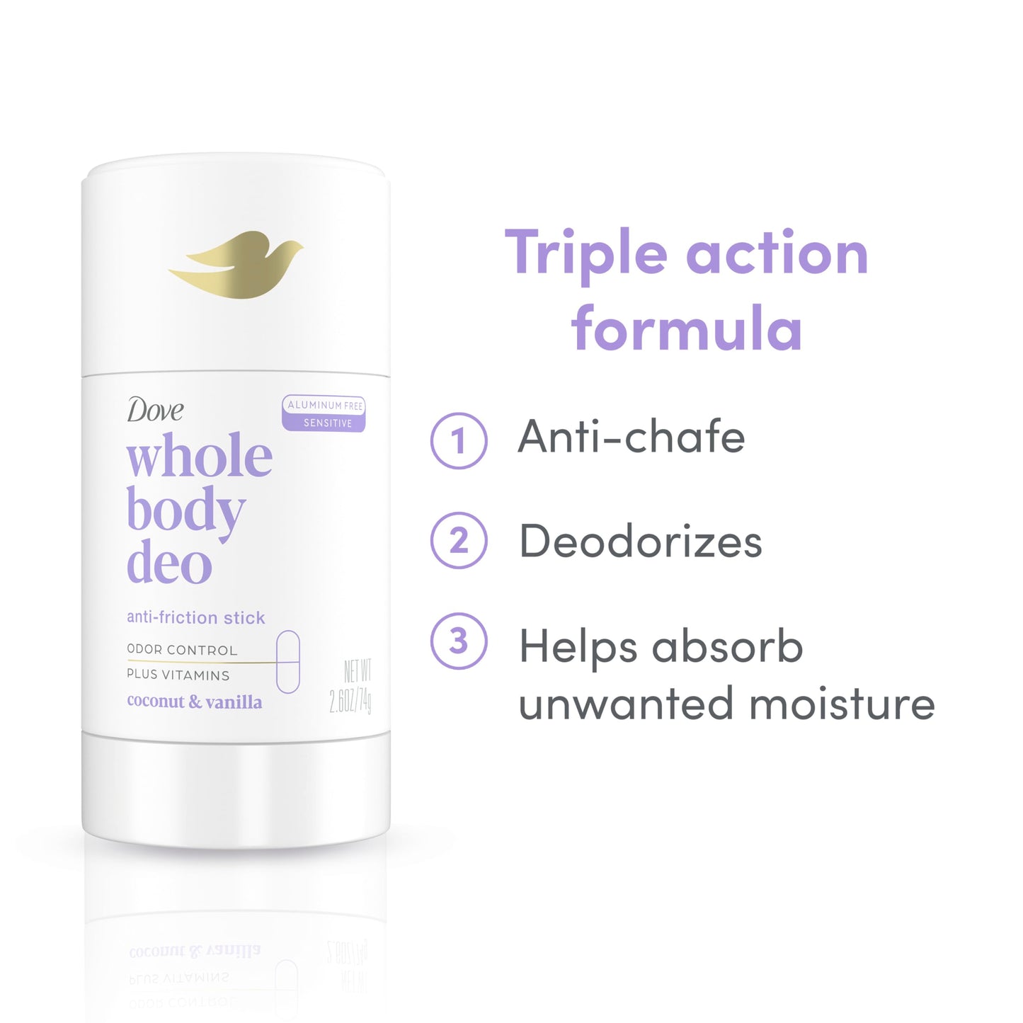 Dove Whole Body Deo Aluminum Free Anti-Friction Deodorant Stick Coconut + Vanilla for All Day Odor Control 2.6 oz