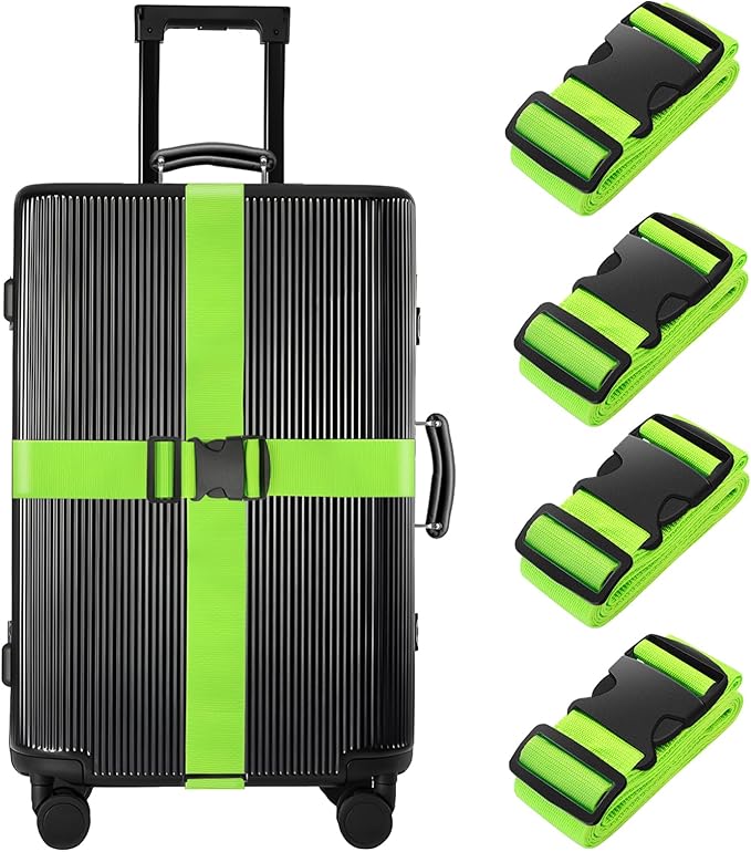 BILIONE 4 Pack Luggage Straps 79" Long Belts Keep Suitcase Secure While Traveling, TSA Approved Add a Bag Premium Accessory for Travel Bag Closure (4 Pcs Green)