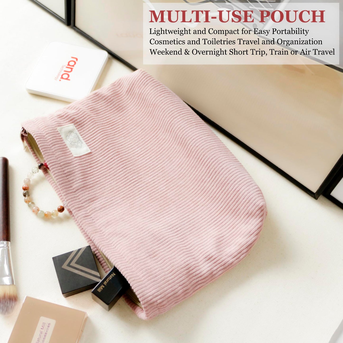 HAPPYHEIDI Large Corduroy Makeup Bag Compartment Cosmetic Toiletry Travel Accessory Pouch Purse Organizer, Soft Creamy Pink