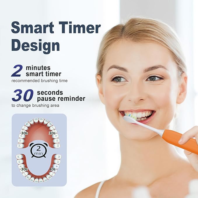 7AM2M Sonic Electric Toothbrush for Adults and Kids, with 8 Brush Heads and Travel Case,5 Modes with 2 Minutes Build in Smart Timer, One Charge Use for 90 Days, Rechargeable Toothbrushes (Orange)