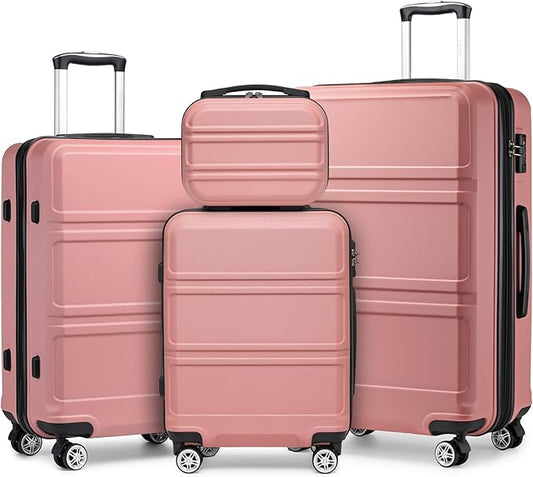 Kono 4 Piece Luggage Sets Expandable(only 28") Lightweight with Spinner Wheels TSA Lock Hardside Travel Rolling Suitcases 20in 24in 28in Carry on and 12in Mini Cosmetic Case Nude/Rose Pink