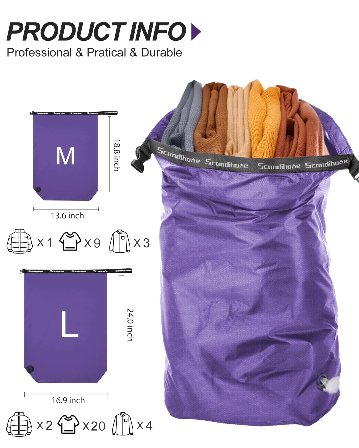 Travel Laundry Bag, Pump Free Vacuum Storage Bag Reusable Compression Dirty Clothes Travel Bag Waterproof Wet Dry Bags Large Capacity Space Saver Bags Camp Clothes Organizer (1 Pcs)(Purple, L)