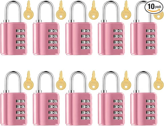 Kenning Combination Padlock 4 Digit Combination Lock with Keys Locker Resetable Security Outdoor Waterproof Gate Lock for School Sports Gym Locker Employee Fence Case (Pink,10 Pcs)