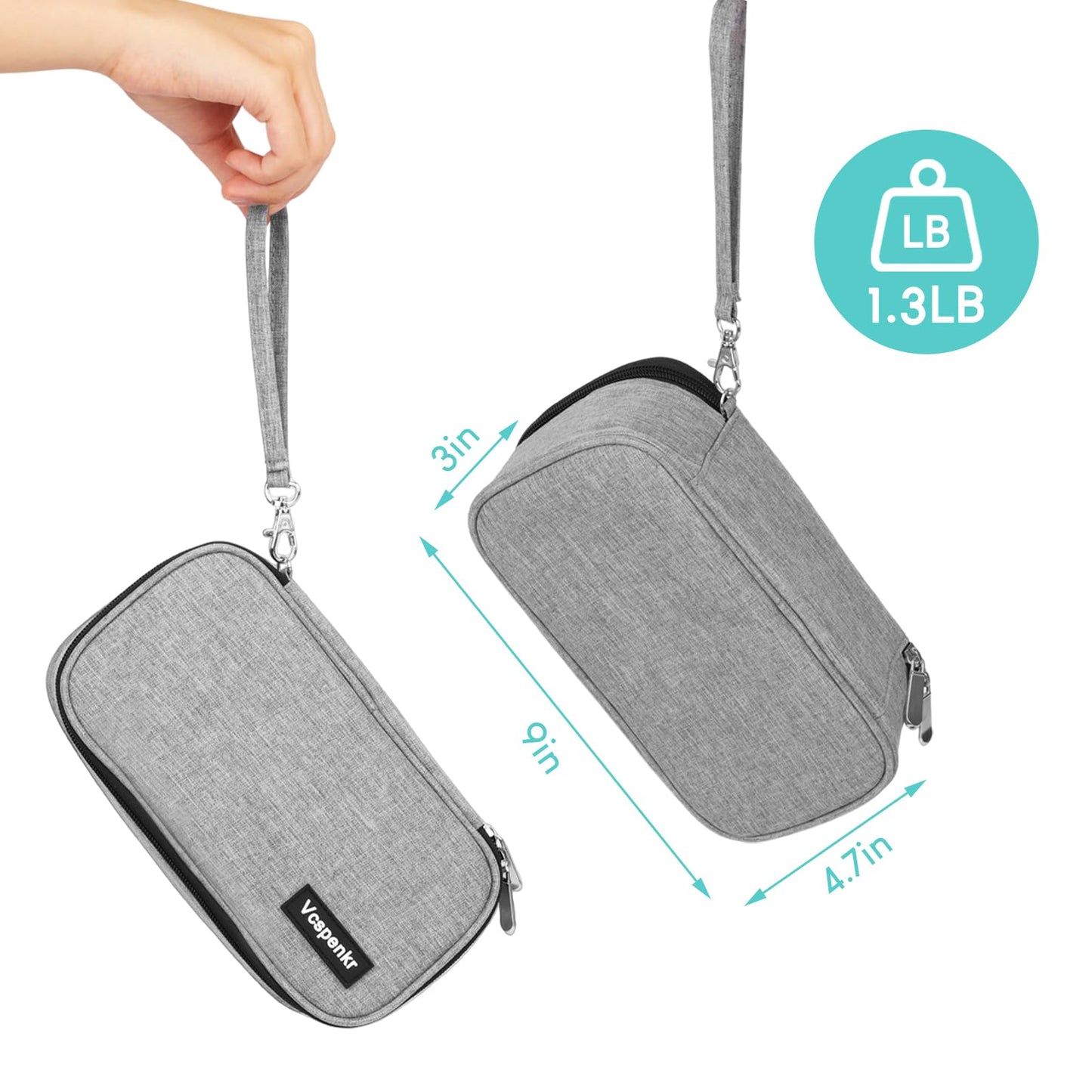 Vcspenkr Insulin Cooler Travel Case, Diabetic Medicine Carrying Bag with 2 * 200g Ice Packs, Large Capacity Insulated Organizer Medication Cooler Bag for Insulin Pens and Diabetes (Gray)