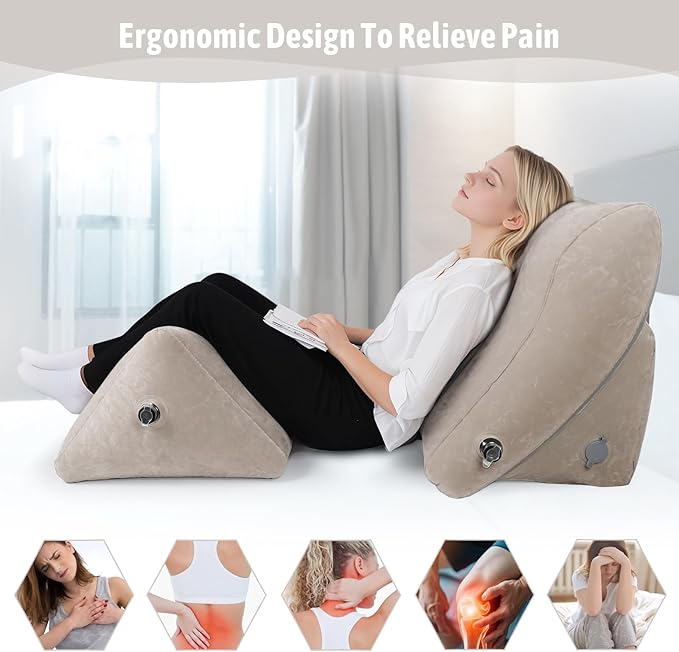 Inflatable Bed Wedge Pillow Set, 2 PCS Adjustable Sitting Pillows with Removable Mesh Cover, Post Surgery Support for Back and Leg Pain Relief, GERD