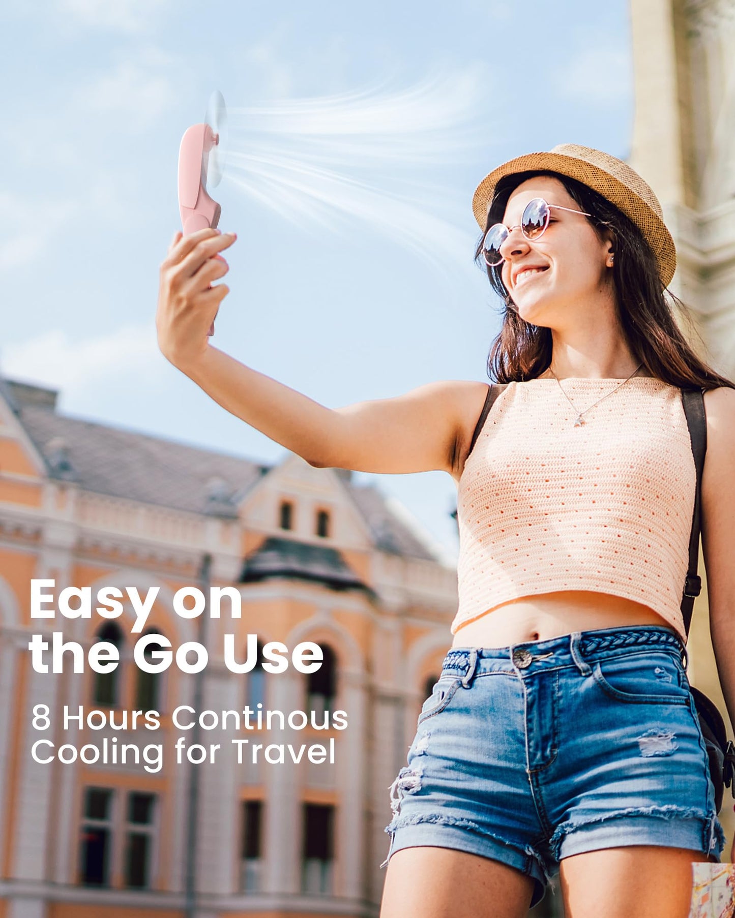 Koonie Portable Pink Fan - Foldable Mini Hand Fan for Travel, Women, Indoor Outdoor Use - Battery Operated with 8 Hour Run Time