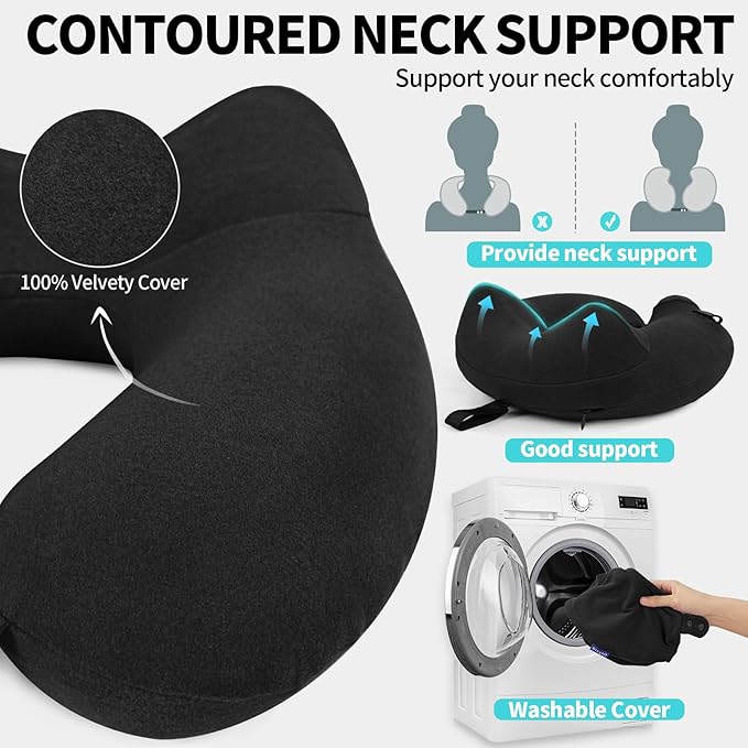 2 Pack Inflatable Travel Neck Pillows for Airplanes, Head Support Velvet Adult Neck Pillows for Long Flight, Kit with Eye Mask, Earplugs and Storage Bag, 2, Black