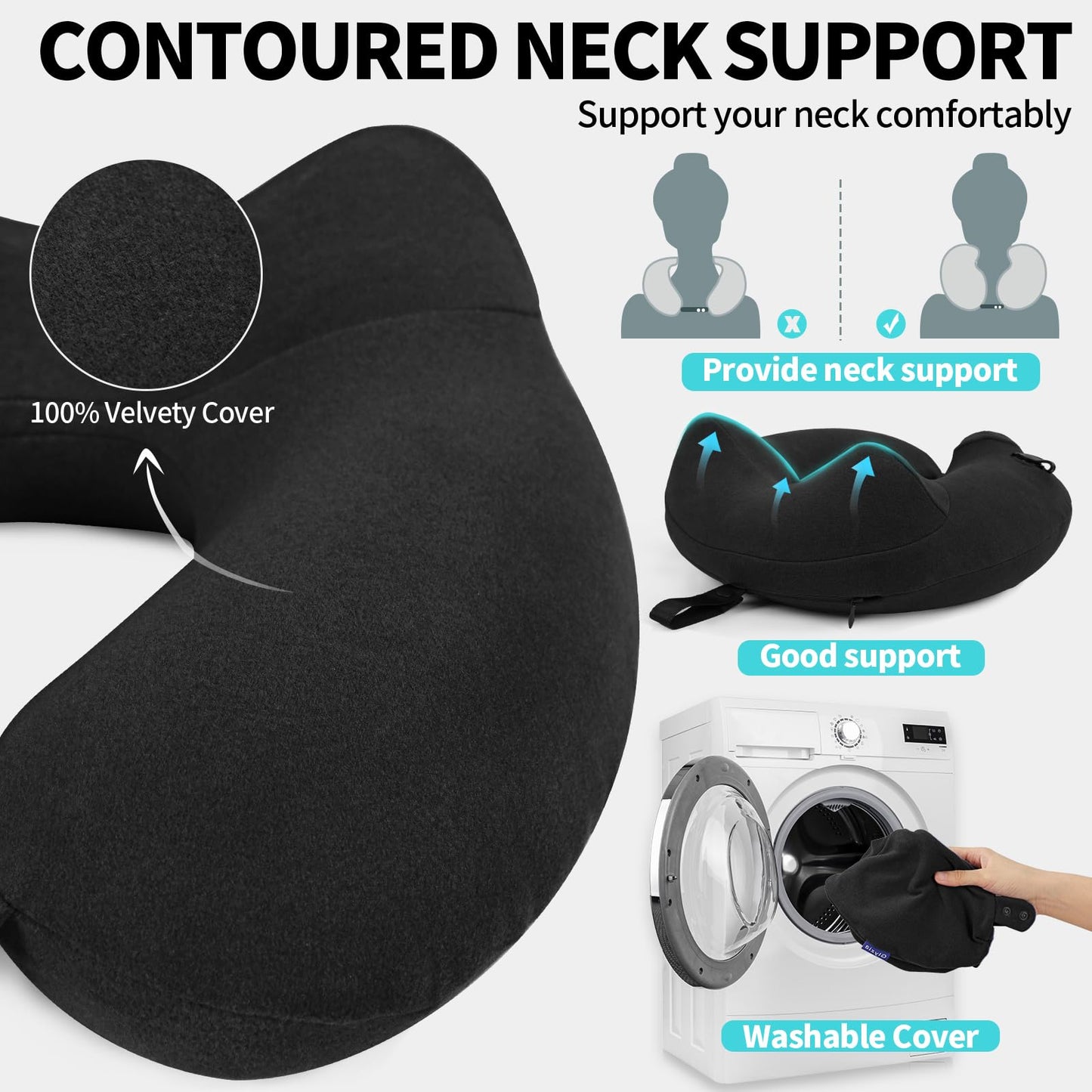 Glyzia Inflatable Travel Neck Pillow for Airplane, Head Support Velvet Adult Neck Pillow for Long Flight, Kit with Eye Mask, Earplugs and Storage Bag,1, Black